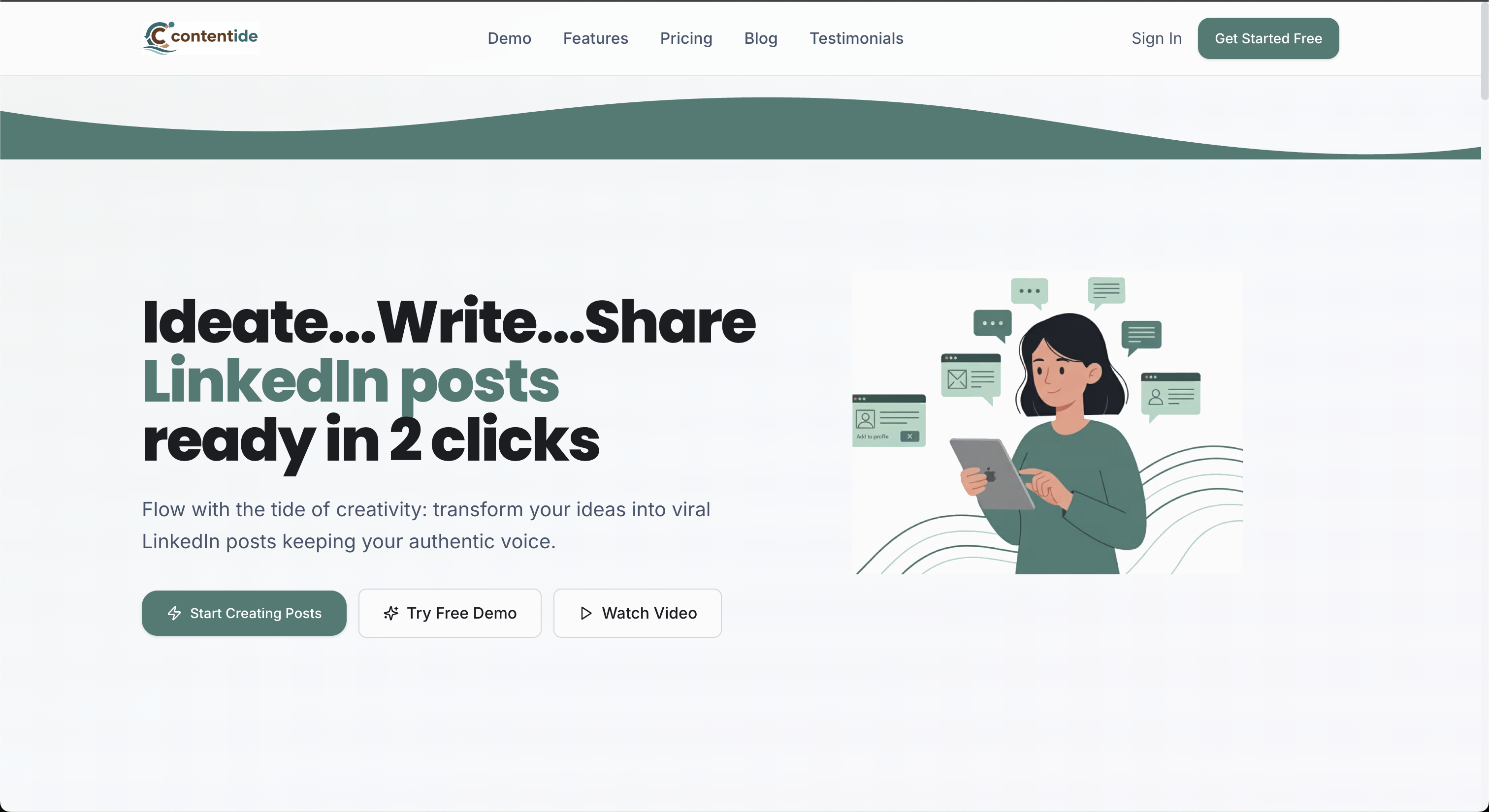 Contentide dashboard preview showing AI-powered LinkedIn content generation interface with smart suggestions and engagement tools