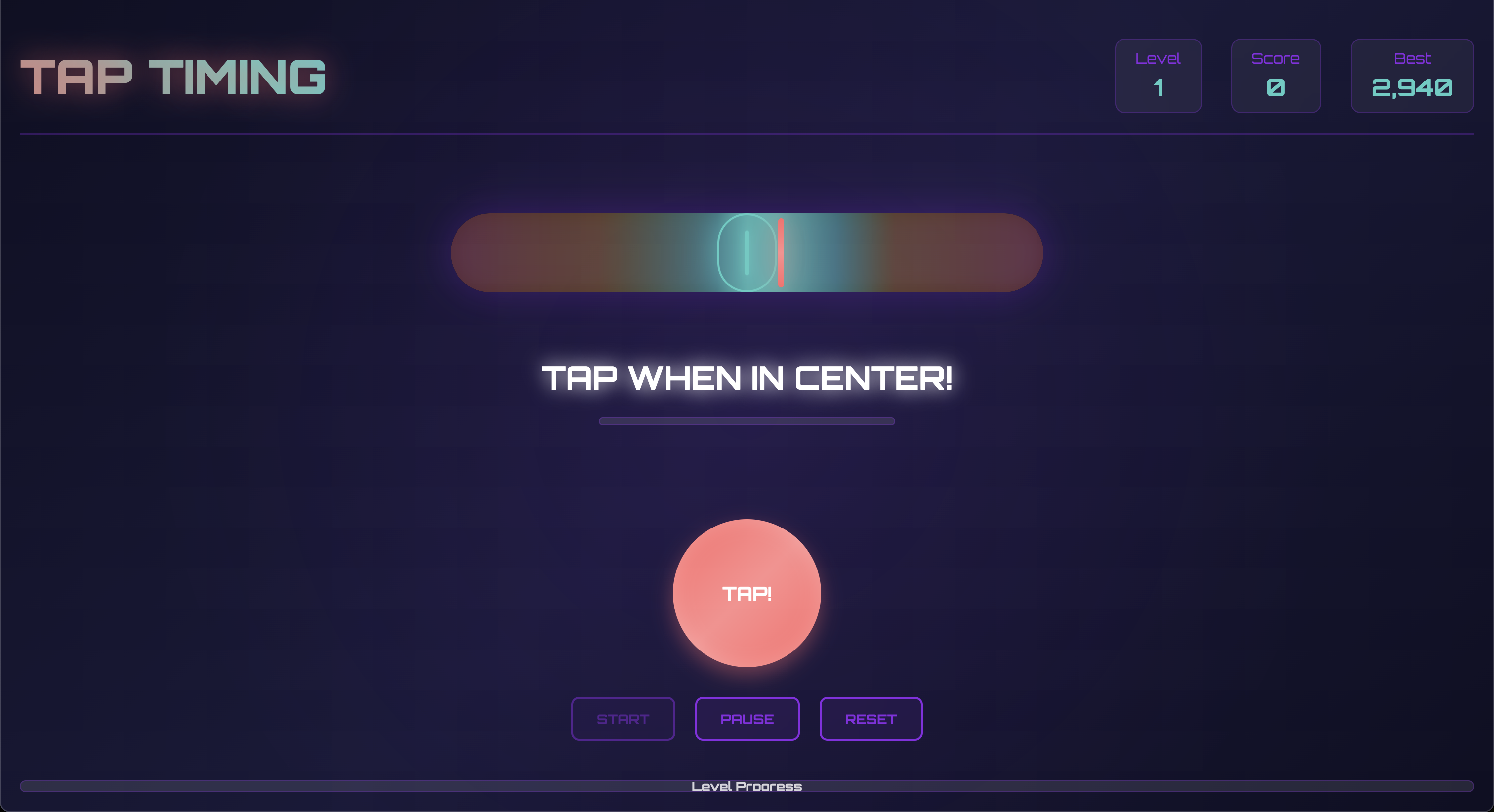 Tap Timing Game interface showing rhythm-based gameplay with circular targets and timing challenges for testing user reflexes